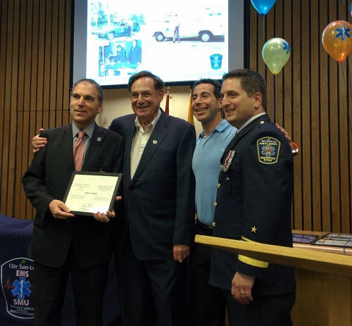 Receiving the Governor General's medal from Cllr. Sam Goldbloom, Mayor Anthony Housefather and Public Safety Director Jordy Reichson